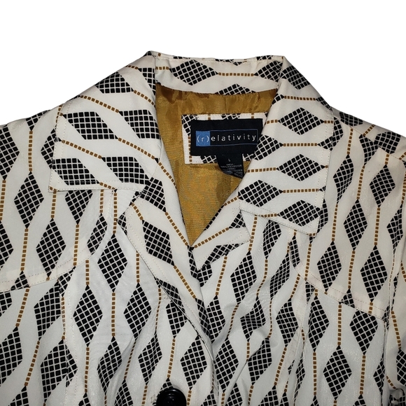 Relativity Geometric Diamond Argyle Print Rain Coat Sz Large Pockets Long Jacket - Picture 6 of 13